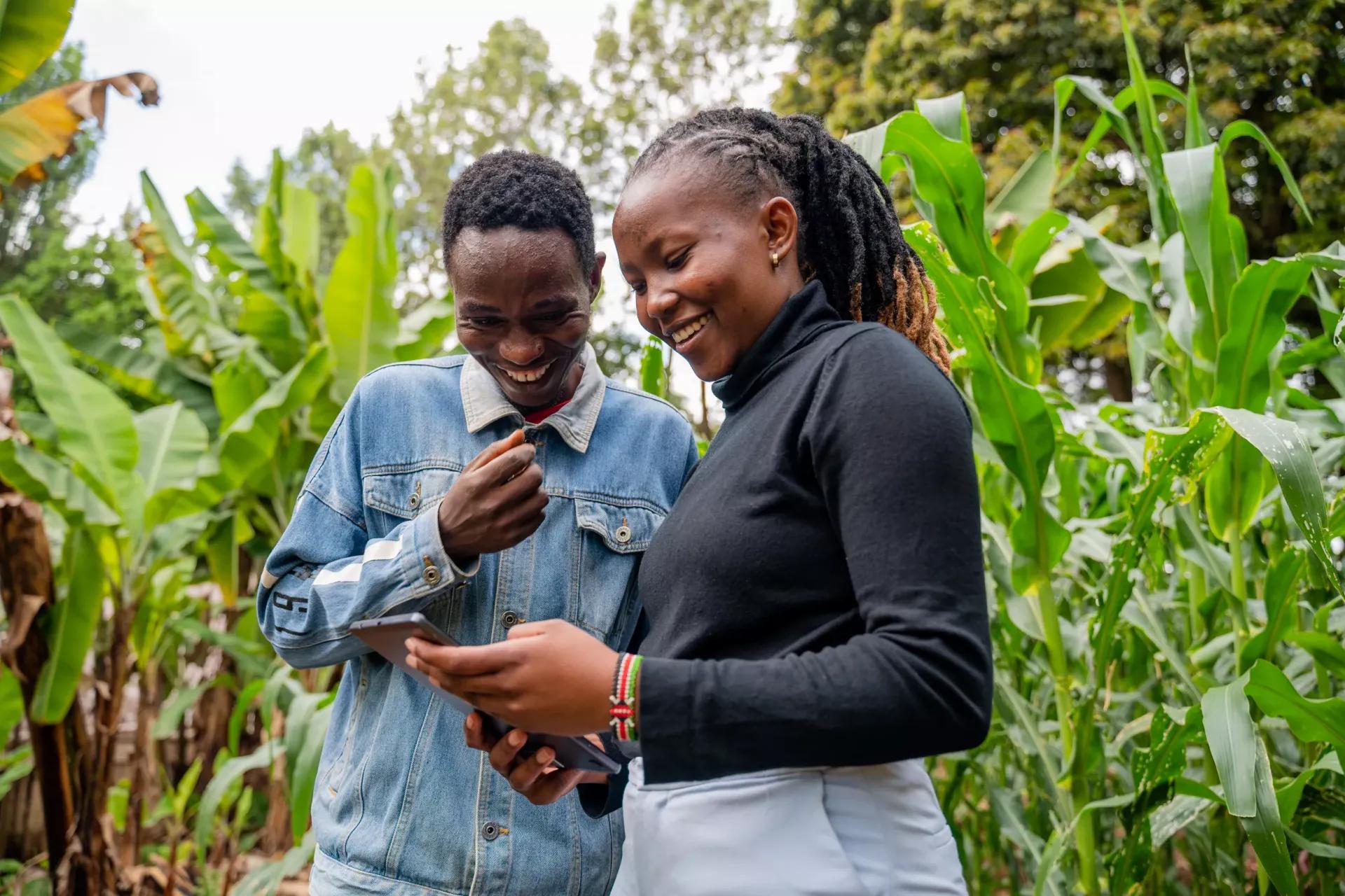 Two people looking at a phone together among crops